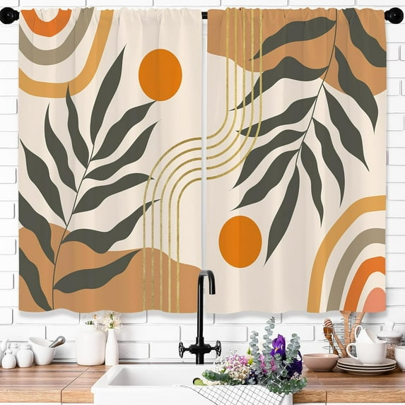 Abstract Mid Century Kitchen Curtains Boho Aesthetic Leaves Curtains Modern Short Geometric Arch Sun Cafe Tier Curtains Nature Plant Bathroom Window Treatment Tiers Drape 26x36 Inch 2 Panels