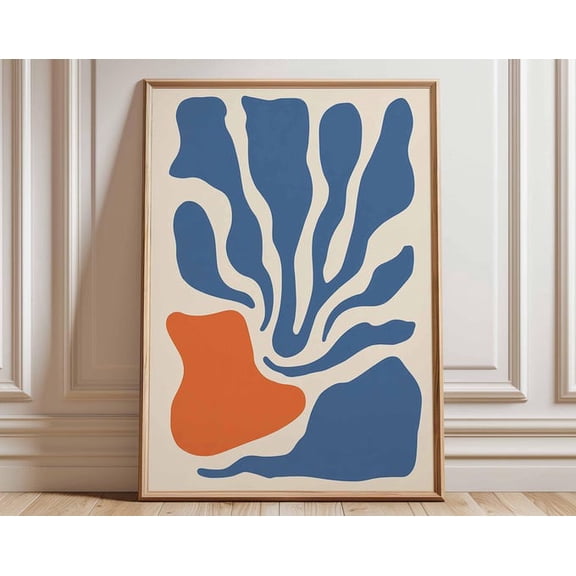 Abstract Mid Century Modern Blue Orange Shapes Minimalist Geometric Contemporary Wall Art Print, Unframed Paper Poster 8x10in