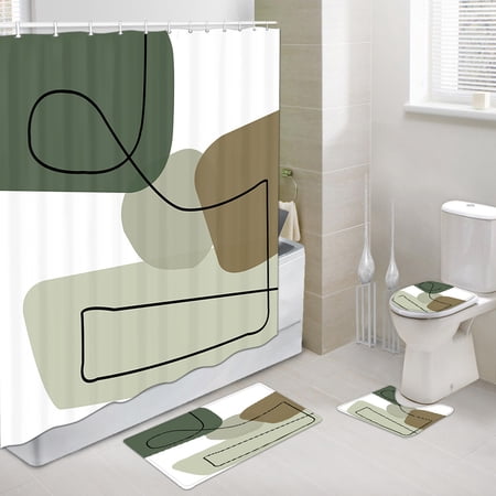 Abstract Mid Century Neutral Shower Curtain and Bath Mat Set 69x70 Inch, Minimalist Geometric Modern Aesthetic, Bathroom Mat Set with Contour Toilet Mat, Mat and Toilet Lid Cover