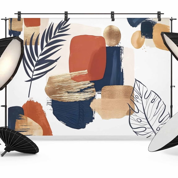 Abstract Mid Century Photography Backdrop 8x6FT, Vintage Geometric Blue and Orange Boho Leaf Photo Backdrops, Background for Photography Studio Photo Studio Background, Back Drop for Photoshoot