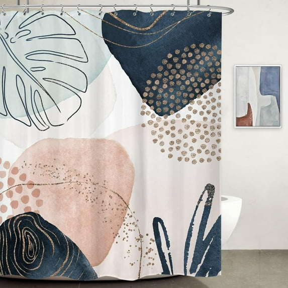 Abstract Mid Century Shower Curtain 72Wx72H Inches Boho Pastel Pink Teal Blue Geometric Leaves Minimalist Aesthetic Modern Bathroom Decor Waterproof Polyester Home Decor Set with Hooks