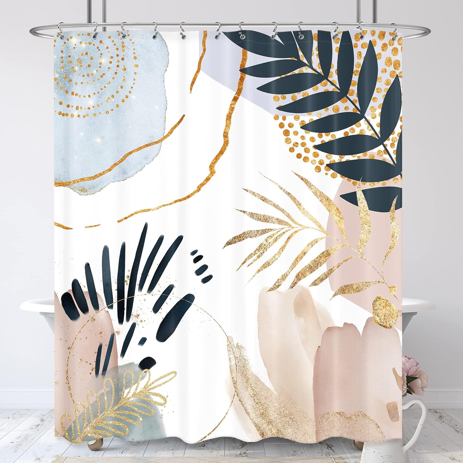 Abstract Mid Century Shower Curtain 72Wx84H Inches Extra Long Boho Pastel Geometric Golden Leaves Minimalist Modern Aesthetic Bathroom Home Decor Fabric Waterproof Polyester with Hooks
