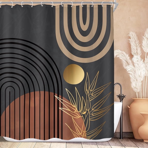 Abstract Mid Century Shower Curtain for Bathroom Decor 72Wx72H Inches Boho Neutral Men Arch Sun Leaves Minimalist Modern Geometric Simple Brown Gold Fabric Waterproof Polyester 12 Pack Hooks