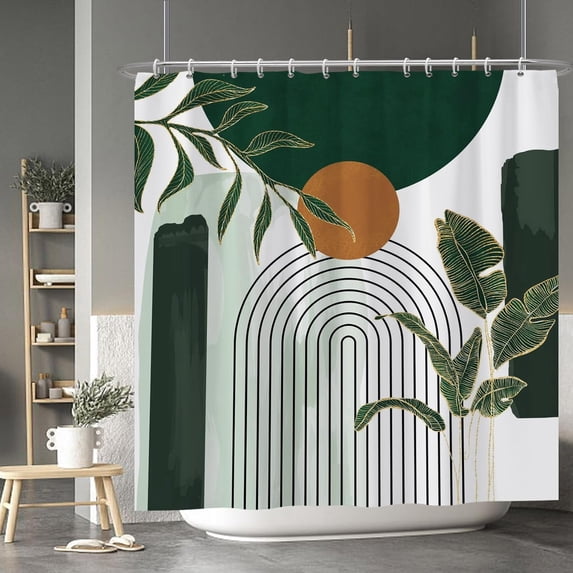 Abstract Mid Century Shower Curtain Bohemia Tropical Leaf Modern Minimalist Shower Curtain for Bathroom Green Bath Accessory Art Decor Fabric Durable Shower Curtain with Hooks 72x72 Inches