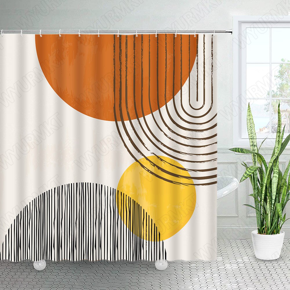 Abstract Mid Century Shower Curtains Green Leaves Black Lines Creative