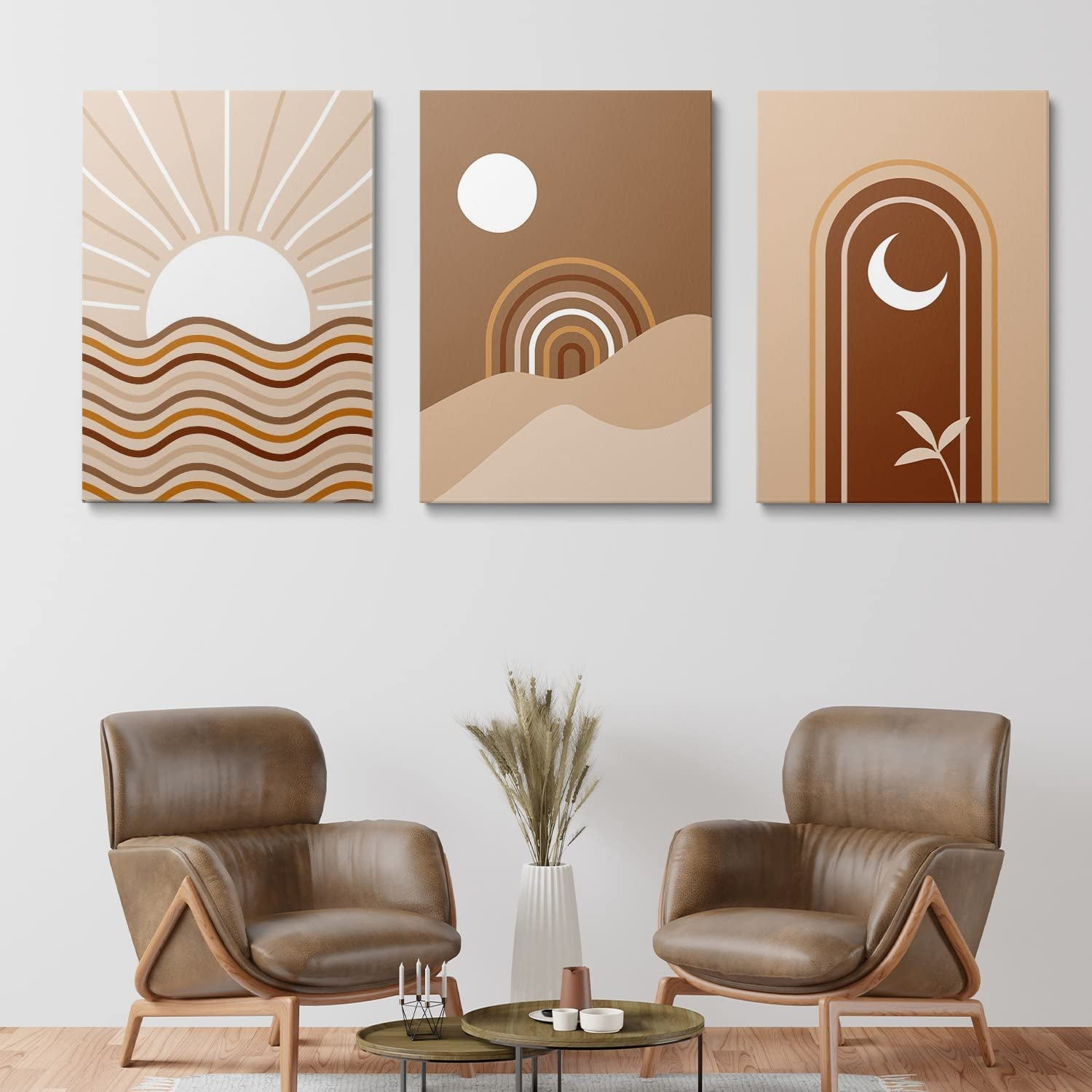 MAQIKA Bohemian Sunrise Sunset Round Wall Art - 10x10 Inch Framed Canvas, Black & Beige Abstract Sun Decor For Bedroom, Dorm