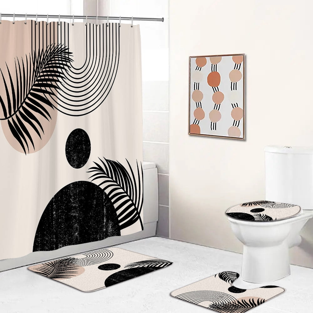 Abstract Mid-century Bath Curtain Set Green Leaves Nordic Minimalist ...