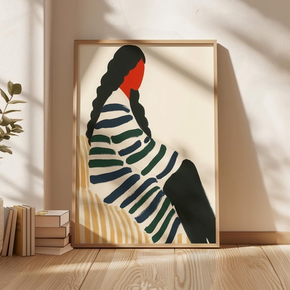 Abstract Minimal Portrait Print, Red-Face Woman Art, Modern Stripes Boho, Contemporary Female Figure Poster Wall Art, Modern Wall Decor, 24x36 UNFRAMED