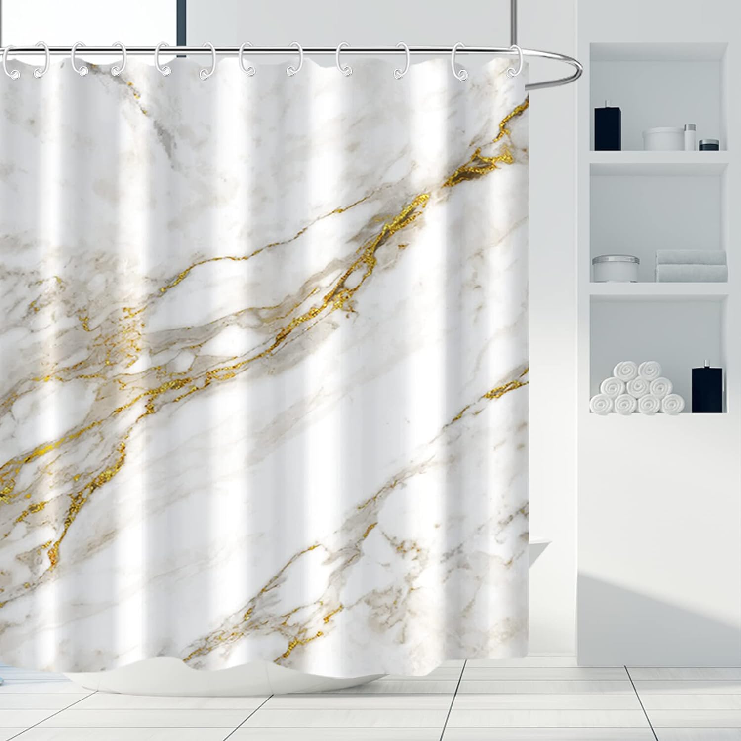 Abstract Minimalism White And Gold Ink Art Marble Shower Curtain For Bathroom Modern High 9112