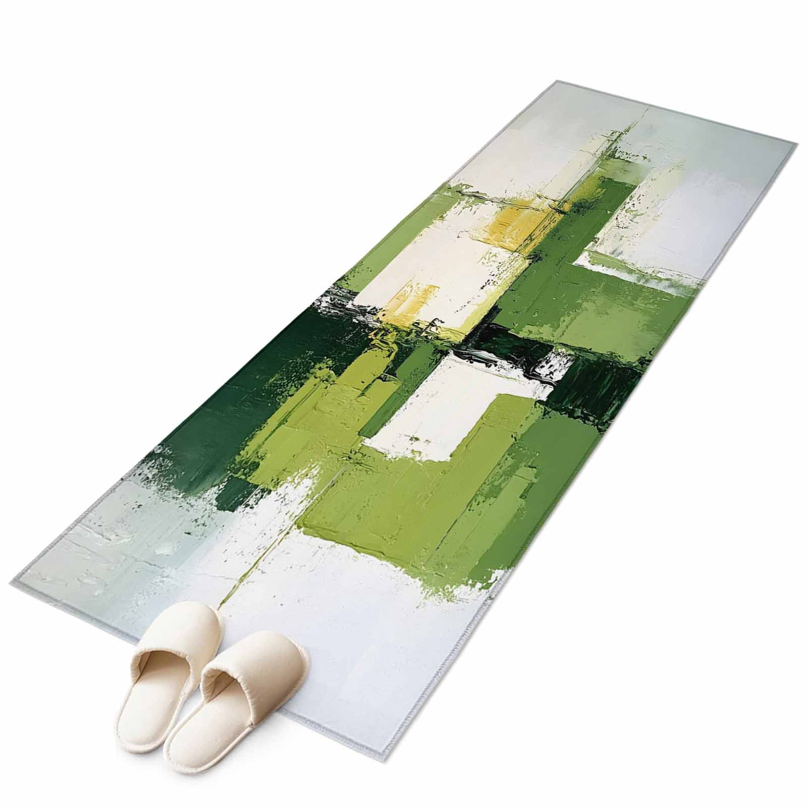 Abstract Minimalist Area Rug 2x6ft Green Black Oil Painting Effect Non ...