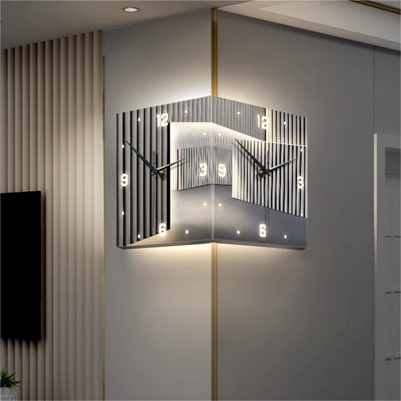 Abstract Minimalist Double-Sided Corner Wall Clock, No-Drill LED Lighted Wall Clock, Silent Decorative Hanging Clock for Living Room Home Decoration