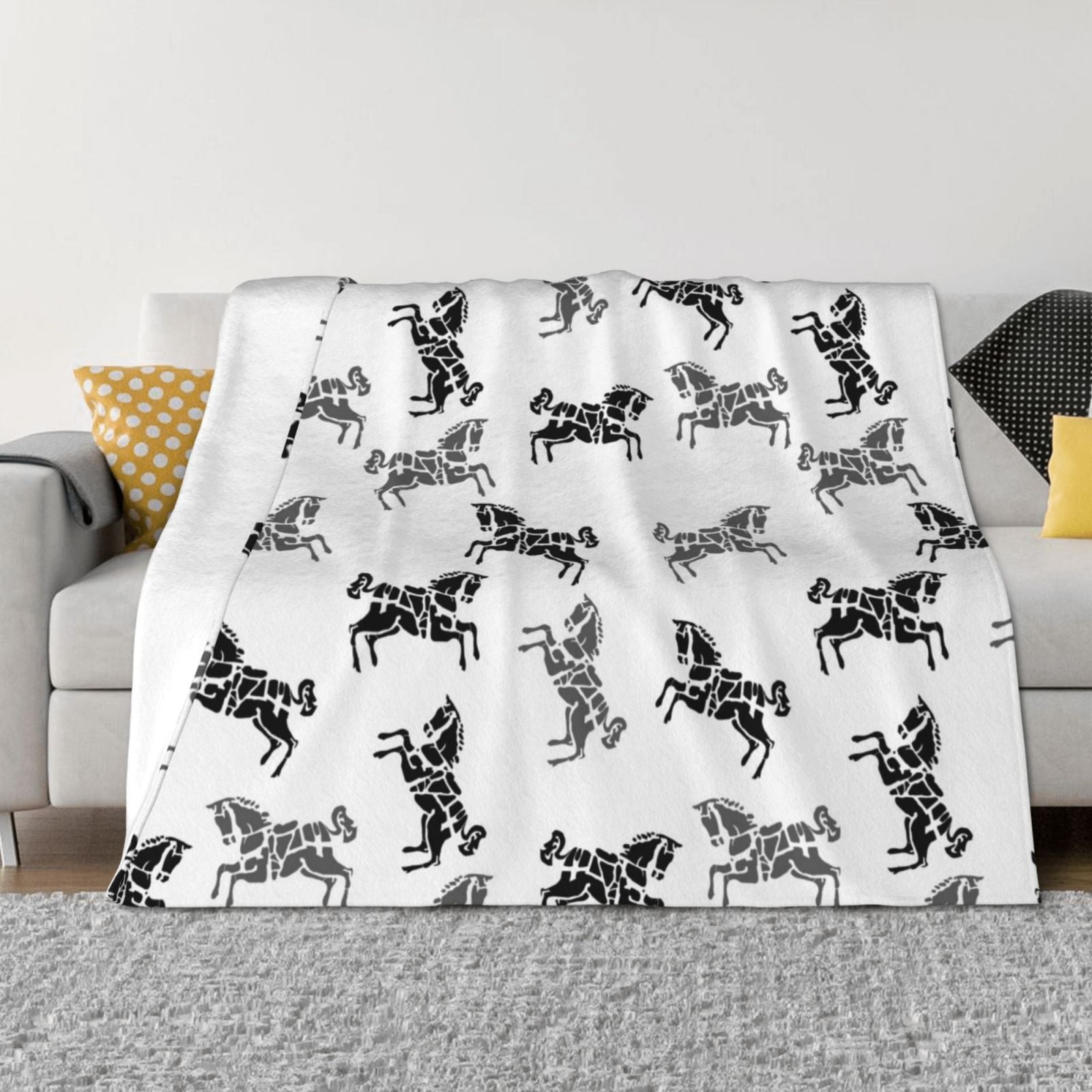 Abstract Minimalist Horse Black Throw Blanket for Couch, Soft Fuzzy