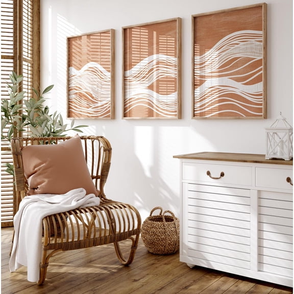 Abstract Minimalist Line Art Japandi Waves Wall Art White Terracotta Flowing Lines Set 3 Stretched Canvas 12x18