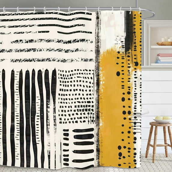 Abstract Minimalist Modern Bathroom Shower Curtain 84W by 72H Inch Mustard Yellow Black Neutral Contemporaty Aesthetic Striped Polyester 12 Plastic Hooks Waterproof Decor
