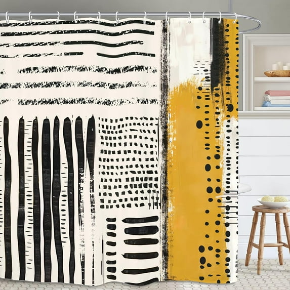 Abstract Minimalist Modern Bathroom Shower Curtain Mustard Yellow Black Neutral Contemporaty Aesthetic Striped Polyester with Hooks Waterproof Decor 70"W x 72"L (Pack of 1)