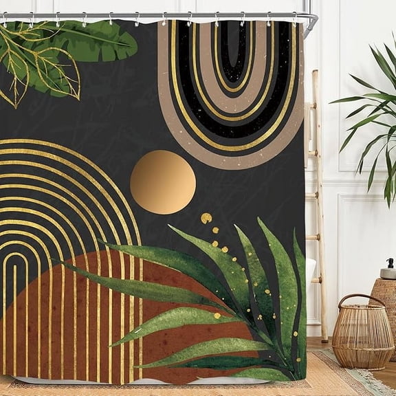 Abstract Minimalist Shower Curtain Set Aesthetic Modern Dark Burnt Orange Black Contemporary Plant Leaves Polyester Waterproof Cloth Bathroom Curtain With 12 Hooks 72"W x 72"L (Pack of 1)