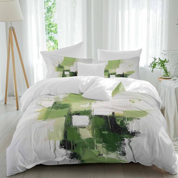 Abstract Minimalist Twin Duvet Cover Set, Black Green Oil Painting Effect 4 Piece Microfiber Bedding Set with Zipper Closure, Bed Sheet and 2 Pillow Shams, Soft Bedding Cover
