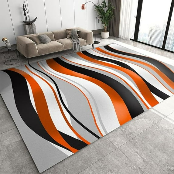 Abstract Minimalist Waves Cloud Texture Area Rug, Mid-Century Black White Gray Orange Gradient Home Decor Rug, Non Slip Easy Clean Carpet For Living Room Bedroom Dining Room Office 5x7ft