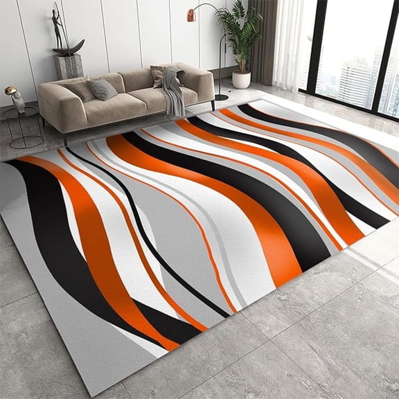 Abstract Minimalist Waves Cloud Texture Area Rug, Mid-Century Black White Gray Orange Gradient Home Decor Rug, Non Slip Easy Clean Carpet For Living Room Bedroom Dining Room Office 5x8ft