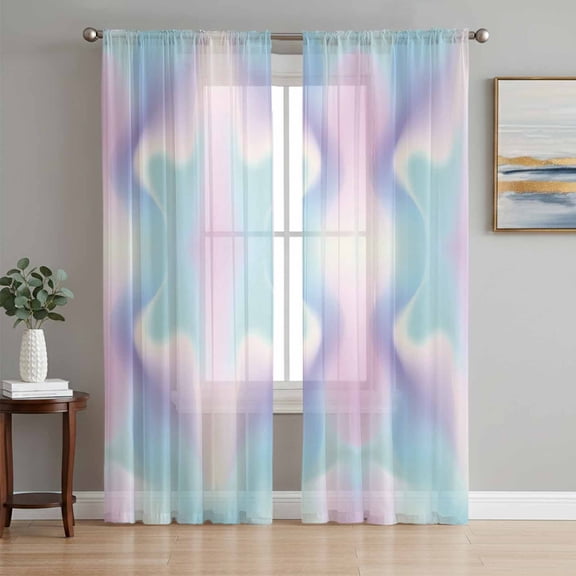 Abstract Minimalistic, Semi Sheer Window Curtains 84 Inches Long, Turquoise Pink Ombre Aesthetic Color Art Rod Pocket Voile Chiffon Curtain Light Filtering Drapes for Living Room, 52"x84", 2 Panels