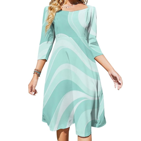 Abstract Mint Wavy Pattern Design Flare Dress Square Neck Dress Elegant Female Fashion Printed Dress