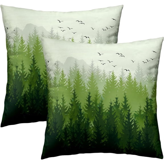 Abstract Misty Forest Pillow Covers 2 PCS, Green Nature Pine Tree Mountain Decorative Throw Pillowcases Soft Couch Cushion Cover for Living Room Indoor Outdoor Home Decor 18"x18"