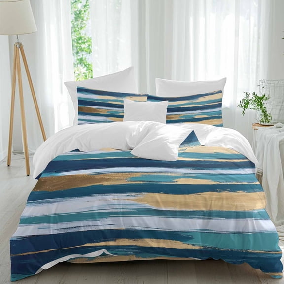 Abstract Modern 4 Piece Duvet Cover Set California King Size Gold and Navy Blue Soft Bedding Set Comforter Cover, 1 Duvet Cover 1 Flat Sheets and 2 Pillowcases