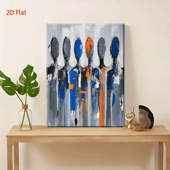 Abstract Modern Abstract People Painting - Blue Orange Grey White Black White & Blue Contemporary Wall Art - Minimalist Modernist Group Portrait with Bold Brush Strokes - Living Room