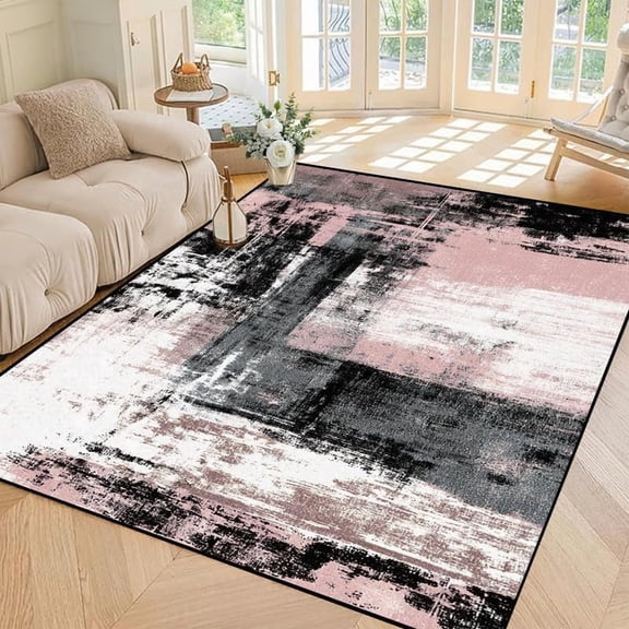 Abstract Modern Area Rug Black Grey Pink and White Rug Contemporary Art Print Floor Mat Non Slip Carpet for Bedroom Living Room Bedroom Office Playroom Home Decor-3' x 4'