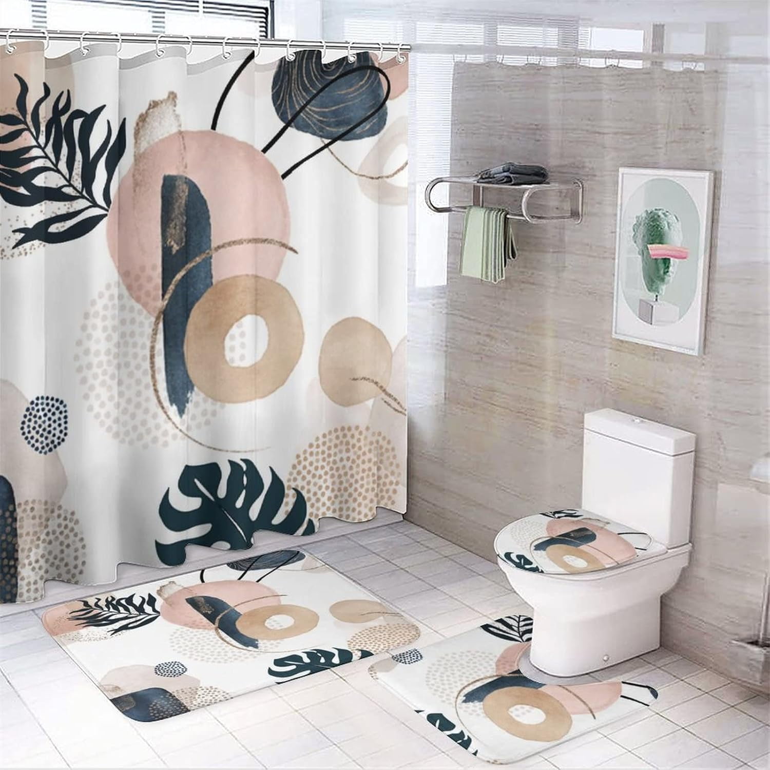 4 Piece Bathroom Set - Red Marble Shower Curtain With Non-Slip Bath Mat, Toilet Lid Cover & Contour Rug, Modern Yellow Grey Abstract Art Design