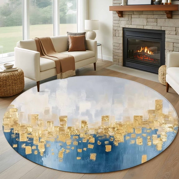 Abstract Modern Art 8FT Round Area Rugs for Living Room 111 Blue Yellow Street Art Ultra-Thin Non-Slip Round Rugs Machine Washable Low Pile Circle Carpet for Bedroom Kitchen Nursery