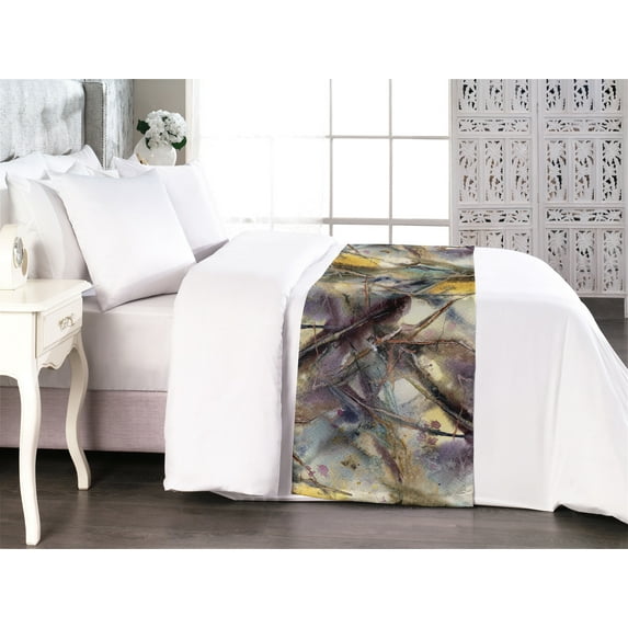 Abstract Modern Art Bed Runner, Exotic Design Boho Look Scratch Effect Ornaments Watercolor, Decorative Accent Bedding Scarf for Hotels Homes & Guest Rooms, King, Plum Sepia and Mustard, by Ambesonne