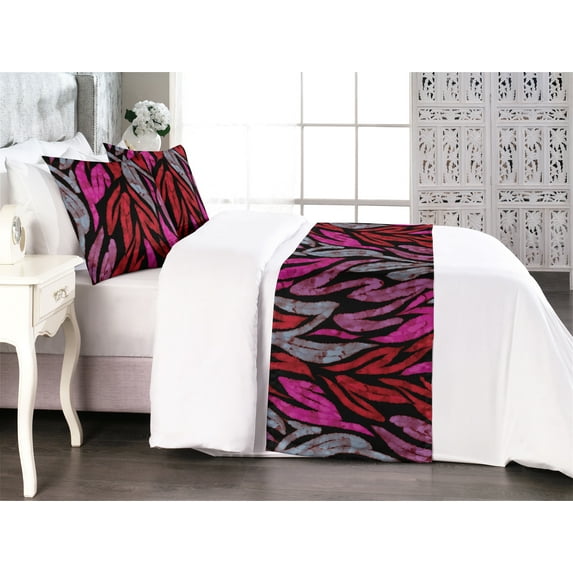 Abstract Modern Art Bed Runner Set, Watercolor Leafy Pattern with Grunge Ornaments on Dark Back, Decorative Bedding Scarf & 2 Pillow Shams for Hotels Homes, Queen, Hot Pink and Blue Grey, by Ambesonne
