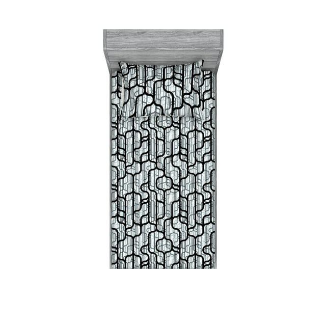 Abstract Modern Art Fitted Sheet & Pillow Sham Set, Contemporary Geometric Lines with Silhouettes Boho Print, Decorative Printed 2 Piece Bedding Decor, Twinxl, Charcoal Grey Pale Grey, by Ambesonne