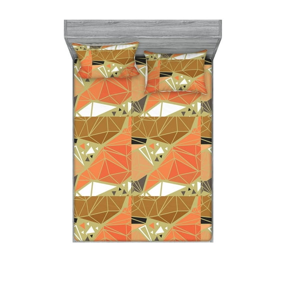 Abstract Modern Art Fitted Sheet & Pillow Sham Set, Geometric Design Triangle and Trapezoid Pattern Print, Decorative Printed 3 Piece Bedding Decor, Full, Burnt Sienna Cocoa and White, by Ambesonne