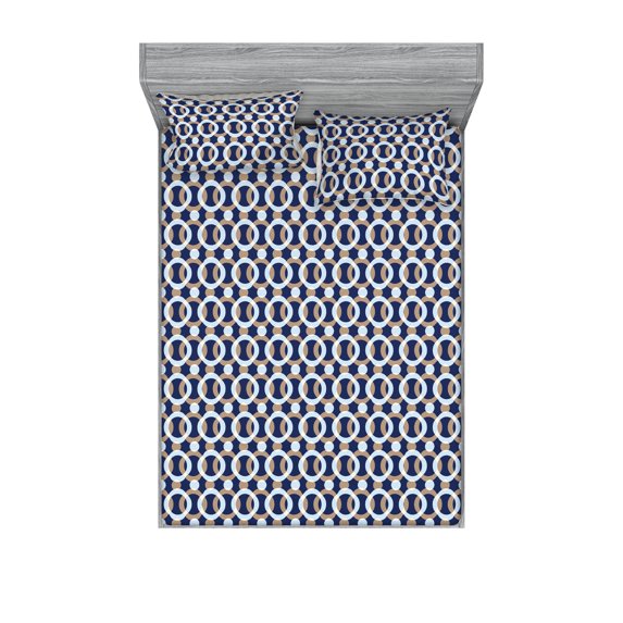 Abstract Modern Art Fitted Sheet & Pillow Sham Set, Geometric Overlapping Circle Pattern With Dots Neutral Boho, Decorative Printed 3 Piece Bedding Decor, Queen, Soft Blue Indigo Camel, by Ambesonne