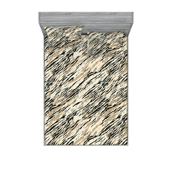 Abstract Modern Art Fitted Sheet & Pillow Sham Set, Grunge Vibes Brush Strokes Like Geometric Stripe Pattern Artwork, Decorative Printed 3 Piece Bedding Decor, Full, Warm Taupe Beige, by Ambesonne