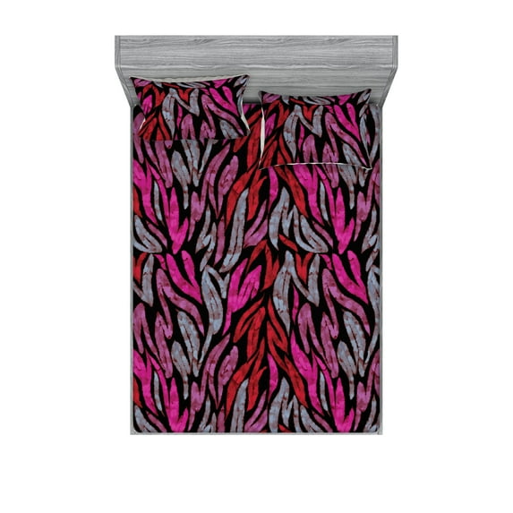 Abstract Modern Art Fitted Sheet & Pillow Sham Set, Watercolor Leafy Pattern with Grunge Ornaments on Dark Back, Decorative Printed 3 Piece Bedding Decor, Calking, Hot Pink and Blue Grey, by Ambesonne