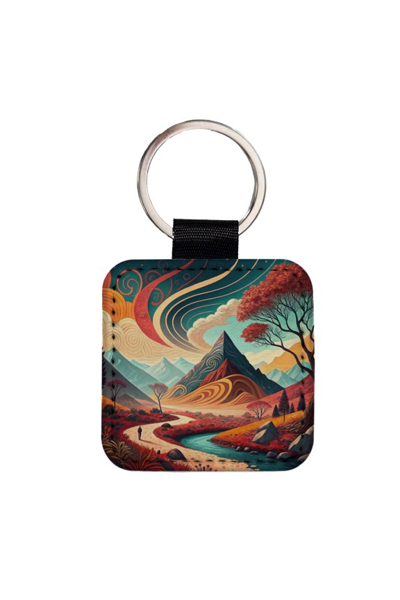 Abstract Modern Art Landscape Faux Leather Square Keychain