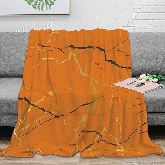 Abstract Modern Art Orange Marble Throw Blanket For Couch - Rustic Luxury Orange Golden Marble Lightweight Soft Blankets And Throws For Sofa 50" x 60"
