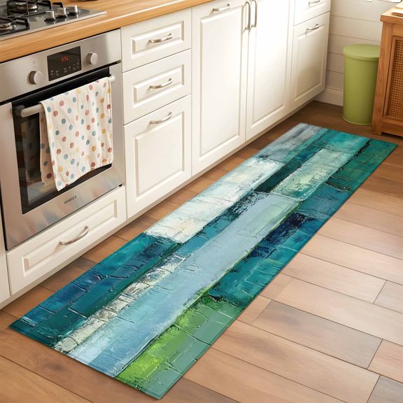Abstract Modern Art Runner Rug for Hallway 2x6ft, Watercolor Green Geometric Theme Non Slip Floor Mat Washable Low-Profile Indoor Carpet for Living Room, Bedroom, Dining Room