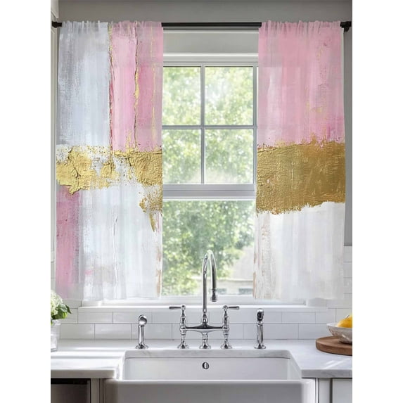 Abstract Modern Art Sheer Curtains 63 Inches Long 2 Panels Watercolor Pink Gold Soft Wash Light Filtering Semi Sheer Window Curtains Drapes for Bedroom Living Room 52"x63"