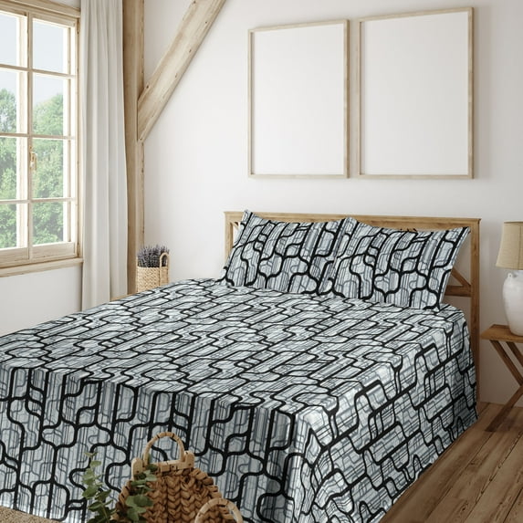 Ambesonne Abstract Modern Art Fitted & Flat Sheet with Shams 4 Pcs Set, Geometric Vibes, King, Charcoal Grey Pale Grey