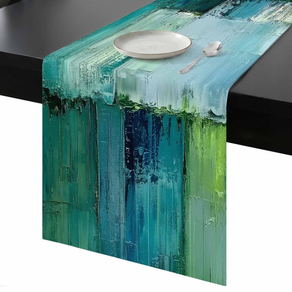 Abstract Modern Art Table Runner 13x48 Inch Watercolor Green Geometric Theme Table Runner Non-Slip Dresser Scarves for Holiday Decorations, Party, Dinner and Gatherings, 1 Pack