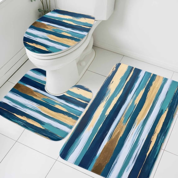 Abstract Modern Bathroom Rugs Set Gold and Navy Blue Non Slip Absorbent Soft Bath Mats 3 Piece Set with Bathroom Rug, U-Shaped Floor Mat, Toilet Seat Cover Large Size