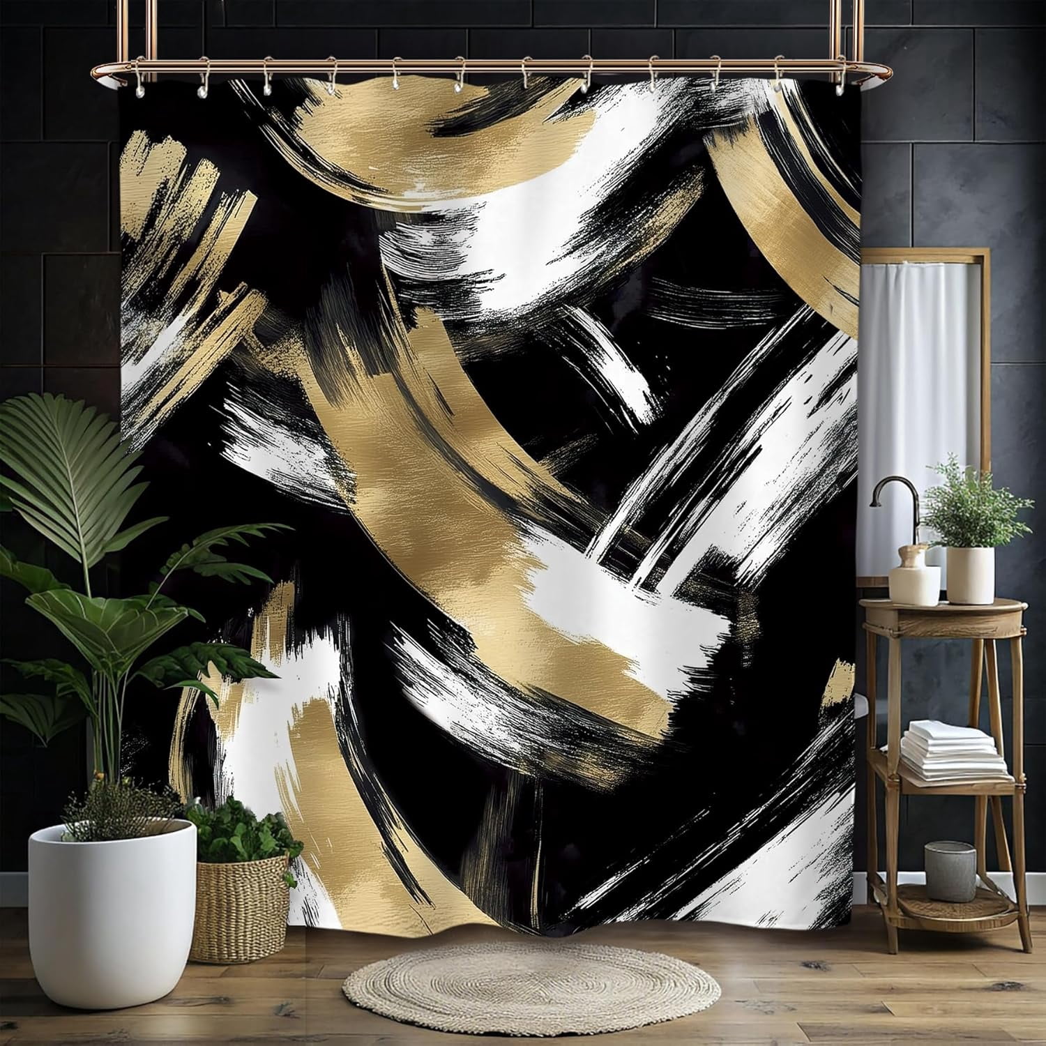 Abstract Modern Black Gold Shower Curtain Set Minimalist Neutral Contemporary Aesthetic Geometric Simple Art Waterproof Bathroom Curtain with Hooks-72"W x 84"L (Pack of 1)