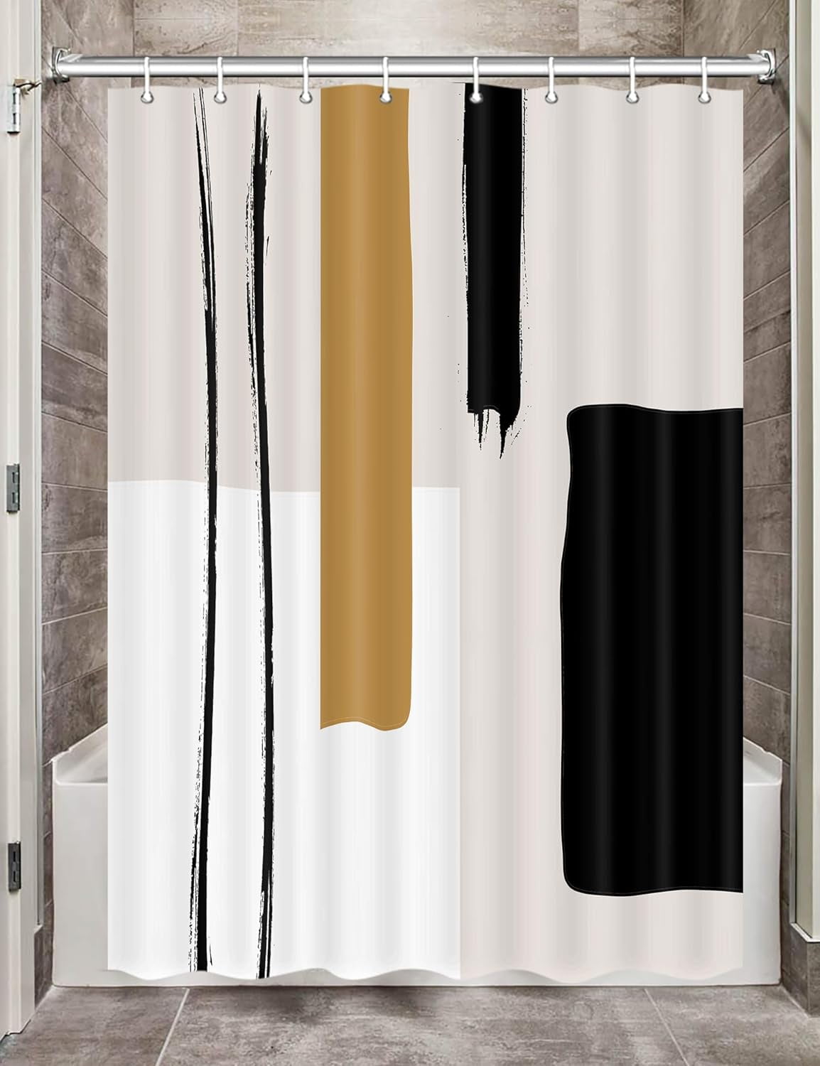 Abstract Modern Camper RV Shower Curtain for Travel Trailer Bathroom, Beige Camping Small Narrow Shorter Fabric Shower Curtains Set, Happy Camp Outdoor Decor Accessories with Hooks 47X 64 Inch