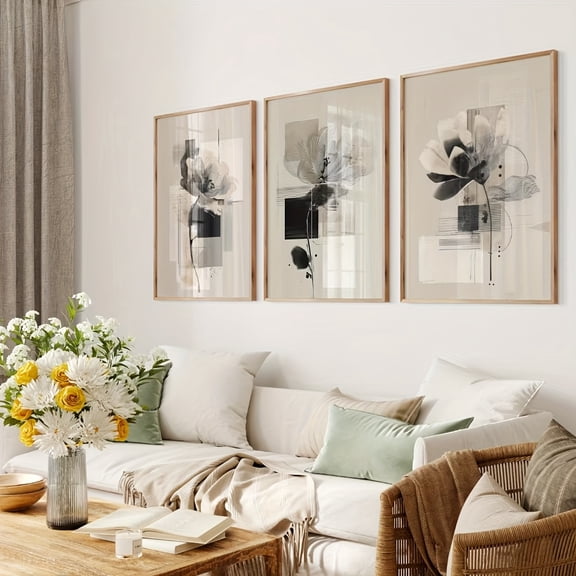 Abstract Modern Floral Art Poster Set of 3, Minimalist Black and White Canvas Prints, Frameless Gallery Wall Decor, Botanical Bedroom Accents, Indoor Home Office & Dining Room Wall Art, Indoor Wall