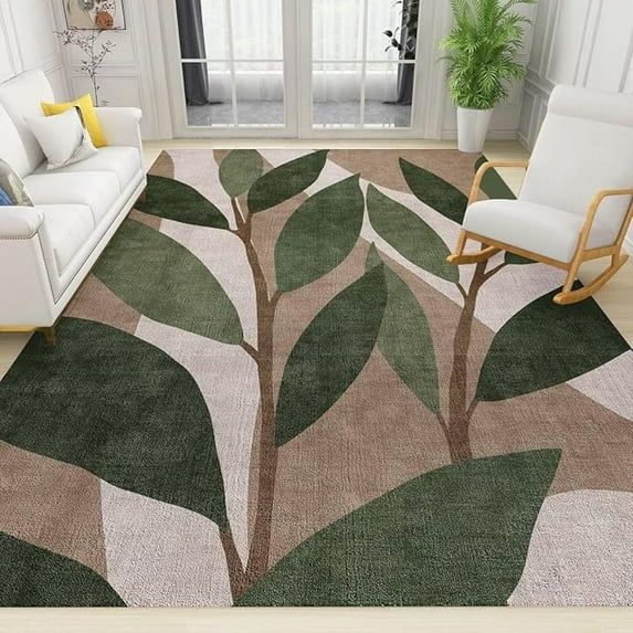 Abstract Modern Green Leafy Plant Leaves Area Rug, Brown Traditional Distressed Floral Indoor Non-Slip Kids Rug, Washable Breathable Durable Carpet For Front Entrance Floor Decor 5x8ft