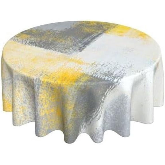 Abstract Modern Grey Yellow and White Waterproof Picnic Patio Party Round Table Cloth Cover Decorations Fabric 60 Inch Circular Tablecloth for 20-47 Inch Home Dining Room Kitchen Decor